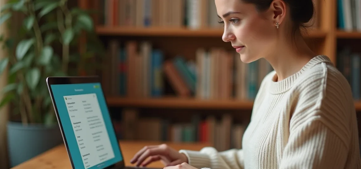 Jeune femme apprenant l'espagnol avec deux claviers sur son bureau, dont un clavier avec accents espagnols