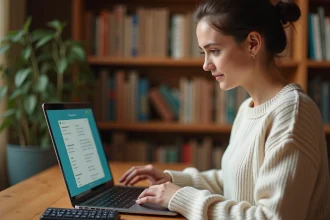 Jeune femme apprenant l'espagnol avec deux claviers sur son bureau, dont un clavier avec accents espagnols