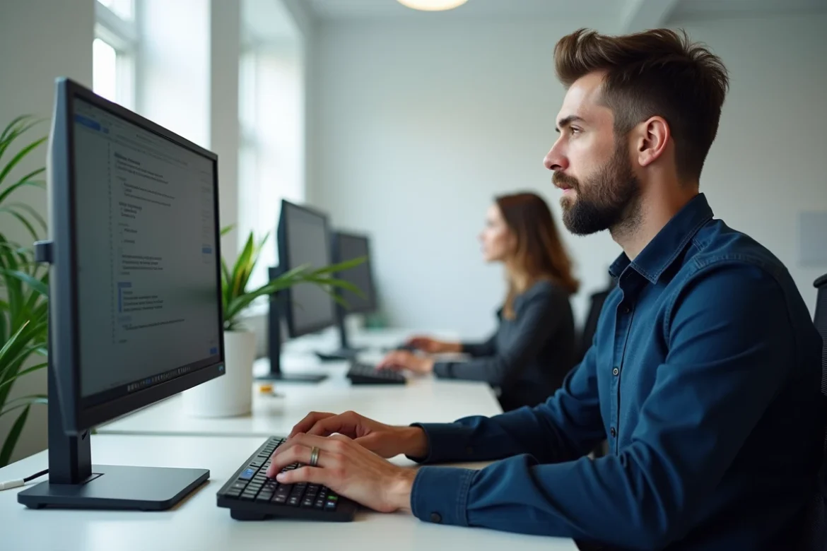 Homme en bureau moderne utilisant un clavier mécanique avec touches accentuées pour apprendre l'espagnol