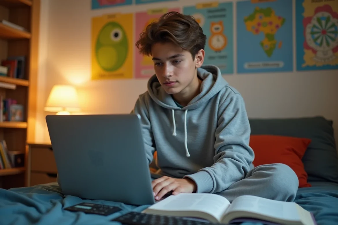 Étudiant adolescent apprenant l'espagnol dans sa chambre avec un clavier accentué et un manuel de langue