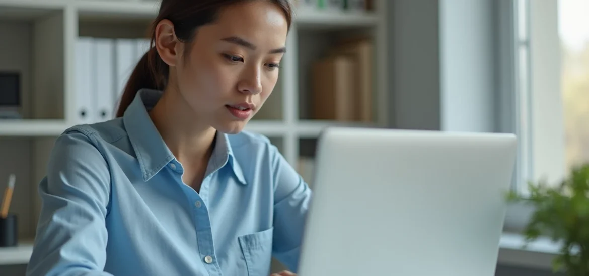 Femme en télétravail modifiant son mot de passe sur un portail éducatif depuis un bureau à domicile