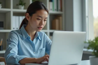 Femme en télétravail modifiant son mot de passe sur un portail éducatif depuis un bureau à domicile