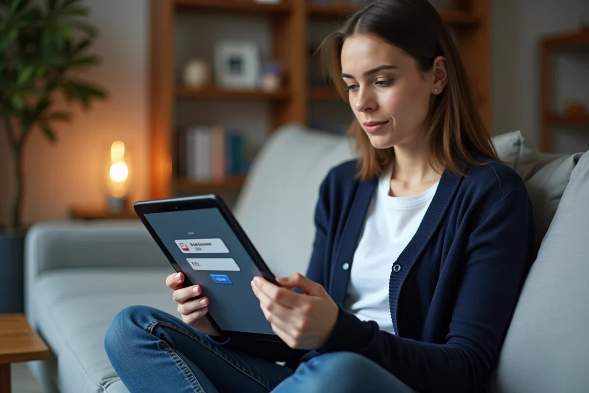 Jeune femme réinitialisant son mot de passe de connexion sur l'espace numérique de l'Académie d'Amiens via tablette