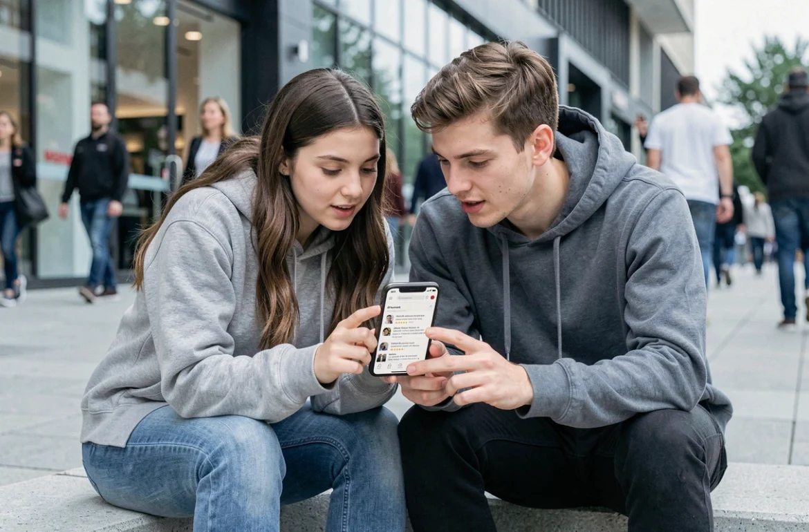 Deux amis consultant ensemble des avis clients sur smartphone devant un centre commercial