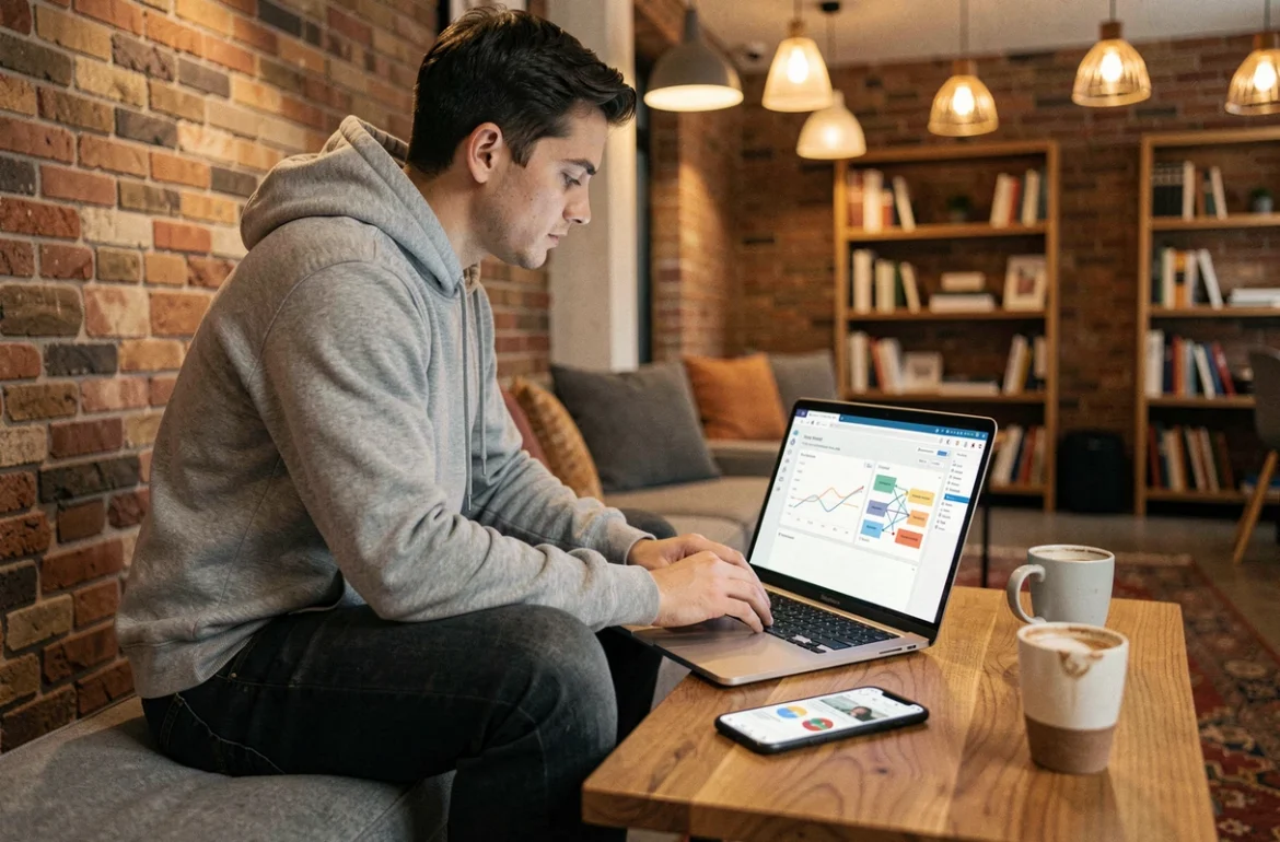 Jeune développeur analysant des données de rétention et de segmentation d'application mobile dans un espace de coworking décontracté