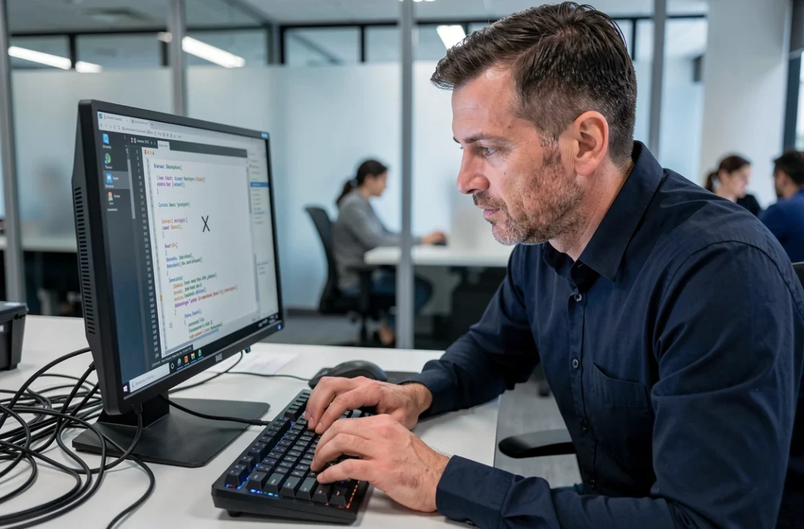Homme tapant le caractère antislash sur un clavier Windows dans un bureau professionnel en open space