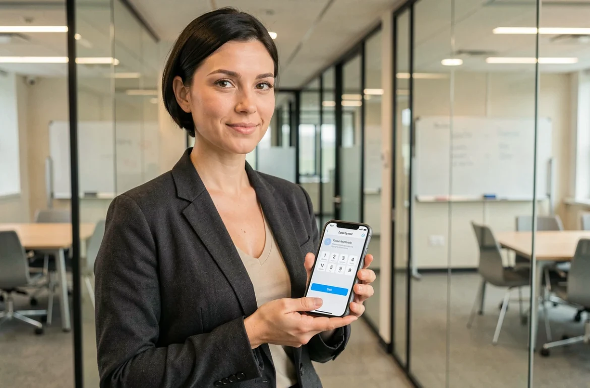 Femme utilisant l'authentification à deux facteurs sur smartphone dans un couloir d'entreprise moderne