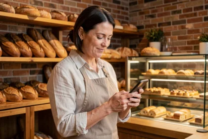 Commerçante de boulangerie consultant une campagne de marketing SMS sur son smartphone derrière le comptoir