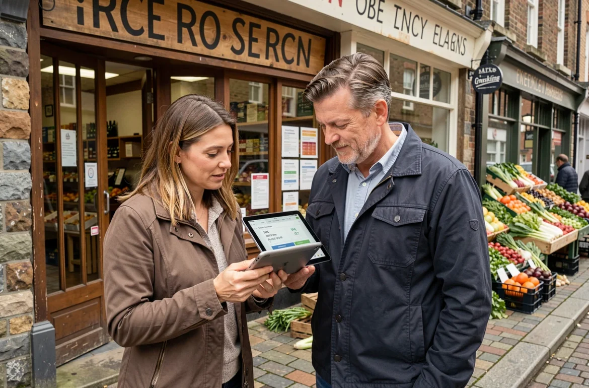 Deux commerçants locaux analysant ensemble les résultats d'une campagne de marketing par SMS devant leur épicerie