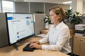Femme fonctionnaire configurant les paramètres de son navigateur web sur un écran d'ordinateur dans un bureau administratif moderne