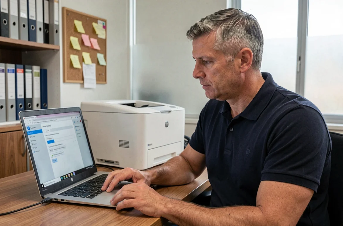 Technicien configurant le pilote d'une imprimante HP sur ordinateur portable dans un bureau