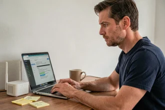 Homme configurant son routeur via l'adresse IP 192.168.0.222 sur un ordinateur portable à son bureau