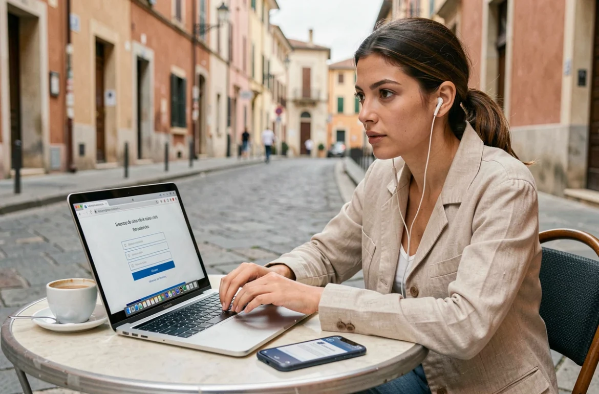 Étudiante en mobilité internationale se connectant à l'intranet Lyon 3 avec authentification double facteur depuis un café en Europe