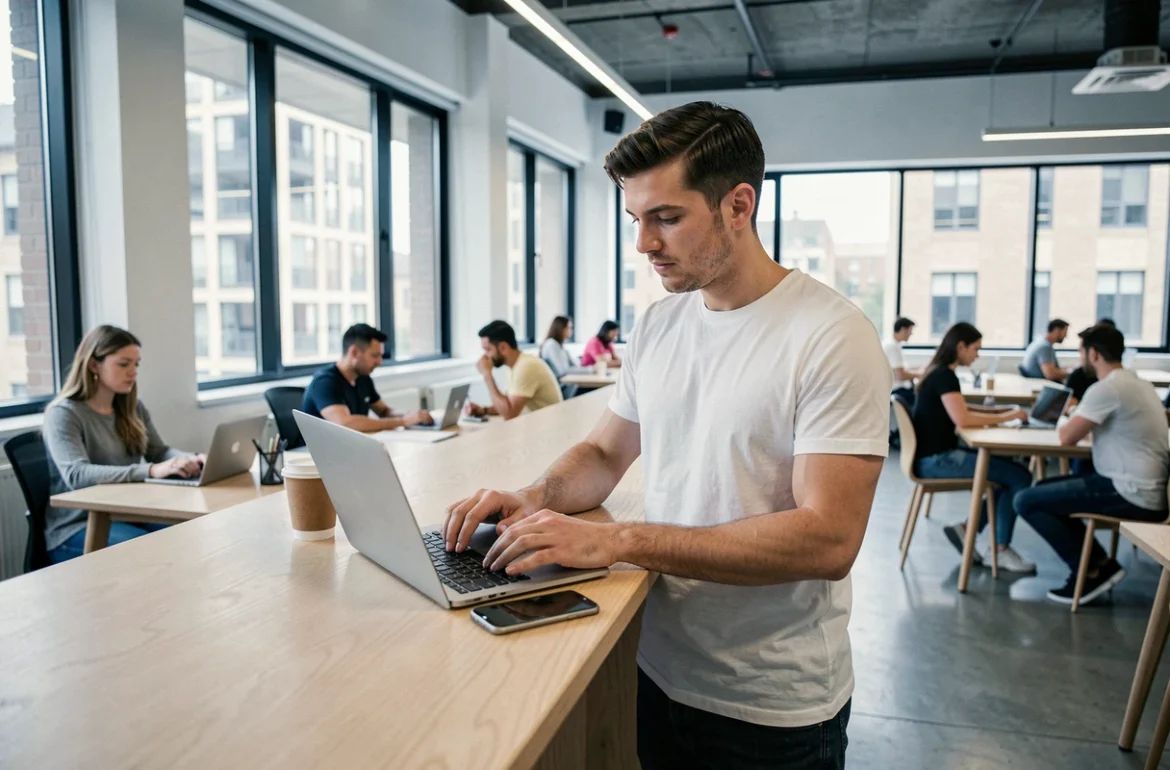 Créateur indépendant travaillant dans un espace de coworking moderne avec sa plateforme de gestion en ligne