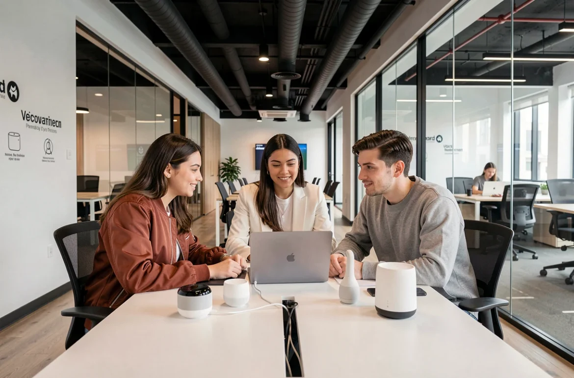 Groupe de créateurs de contenu en réunion de collaboration avec une enseigne tech autour de produits connectés