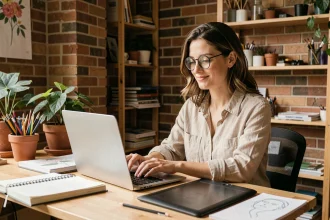 Créatrice indépendante gérant sa plateforme tout-en-un sur ordinateur portable dans un studio à domicile chaleureux
