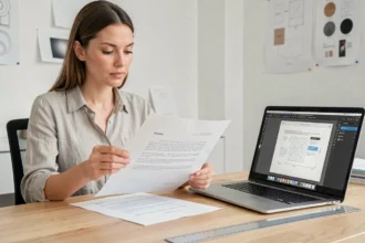 Designer mesurant une feuille A4 à côté d'un écran affichant les dimensions en pixels pour le web et l'impression