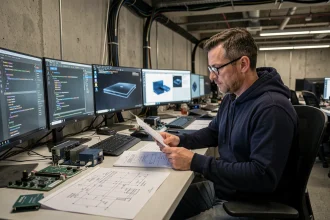 Développeur Microsoft étudiant des plans techniques pour la prochaine console Xbox dans un bureau R&D