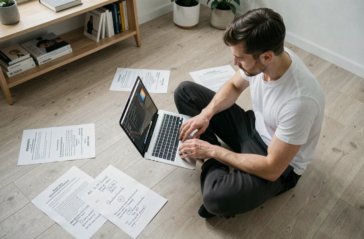 Développeur web entouré de feuilles A4 annotées avec des dimensions en pixels pour la création de documents numériques et imprimés