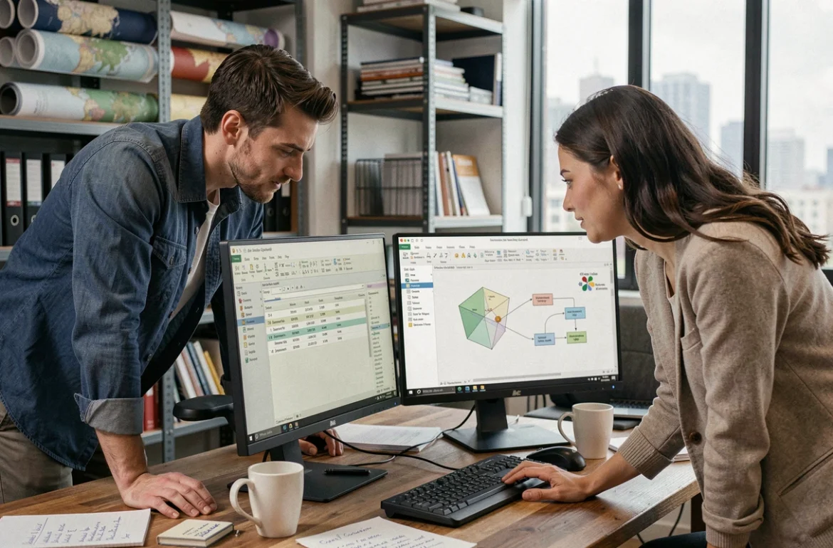 Deux développeurs SIG collaborant sur la conversion d'un MCD en base géographique avec le logiciel QGIS ouvert