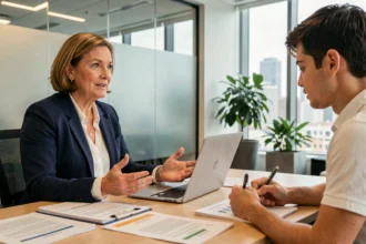 Dirigeante déléguant des tâches à un collaborateur lors d'une réunion de travail dans un bureau moderne