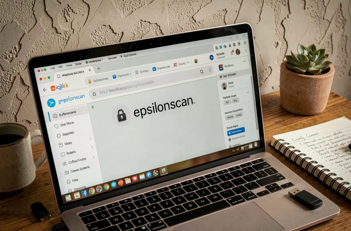 Écran d'ordinateur portable affichant une URL sécurisée avec cadenas et clé USB de sécurité sur un bureau de télétravail