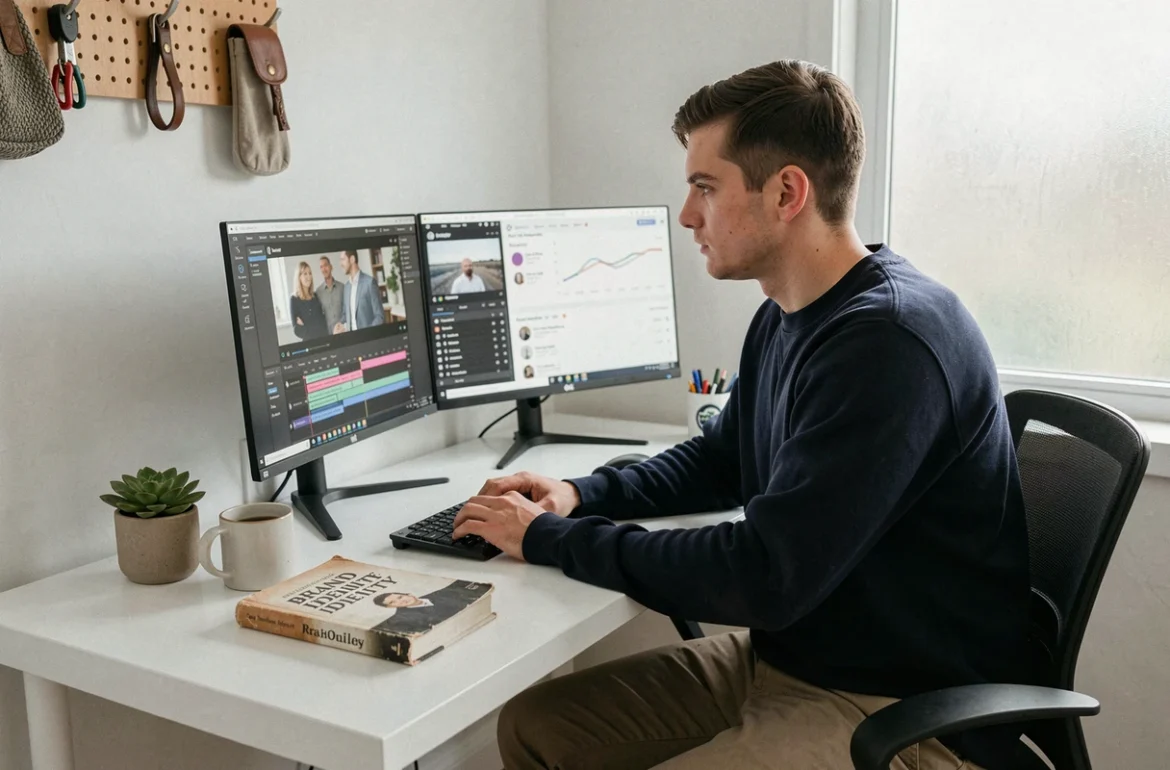 Entrepreneur digital travaillant sur le storytelling de sa marque depuis son bureau à domicile