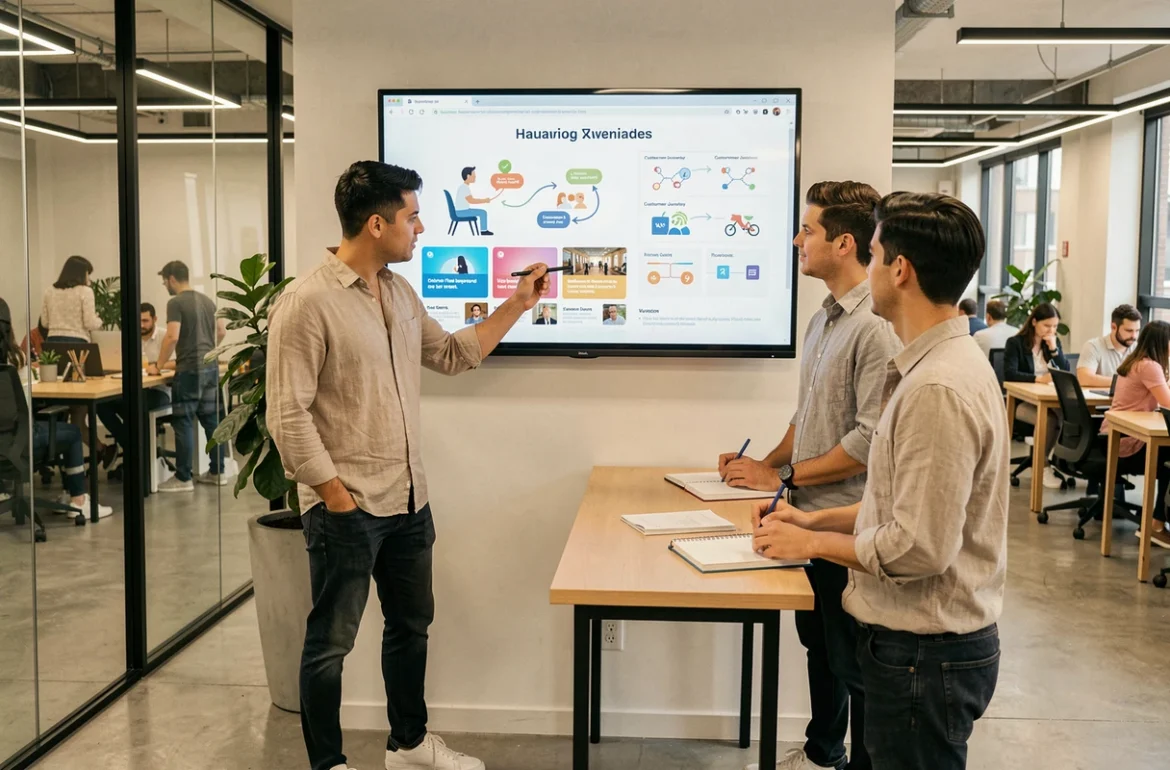 Équipe de jeunes professionnels analysant une stratégie de storytelling digital en espace de coworking