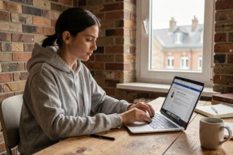 Étudiante connectée à l'intranet de l'Université Lyon 3 depuis son appartement à l'étranger sur un ordinateur portable