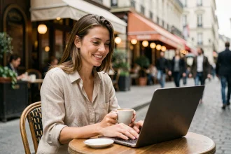 Jeune femme utilisant une application de discussion en ligne dans un café parisien, alternative à Coco pour rencontrer des gens en France
