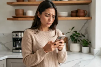 Femme consultant des avis clients en ligne sur son smartphone dans une cuisine moderne