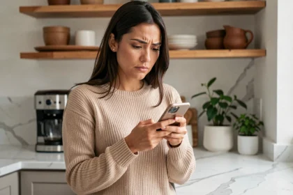Femme consultant des avis clients en ligne sur son smartphone dans une cuisine moderne