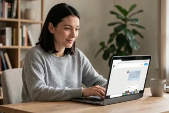 Femme utilisant un chatbot sur un site e-commerce depuis son bureau à domicile