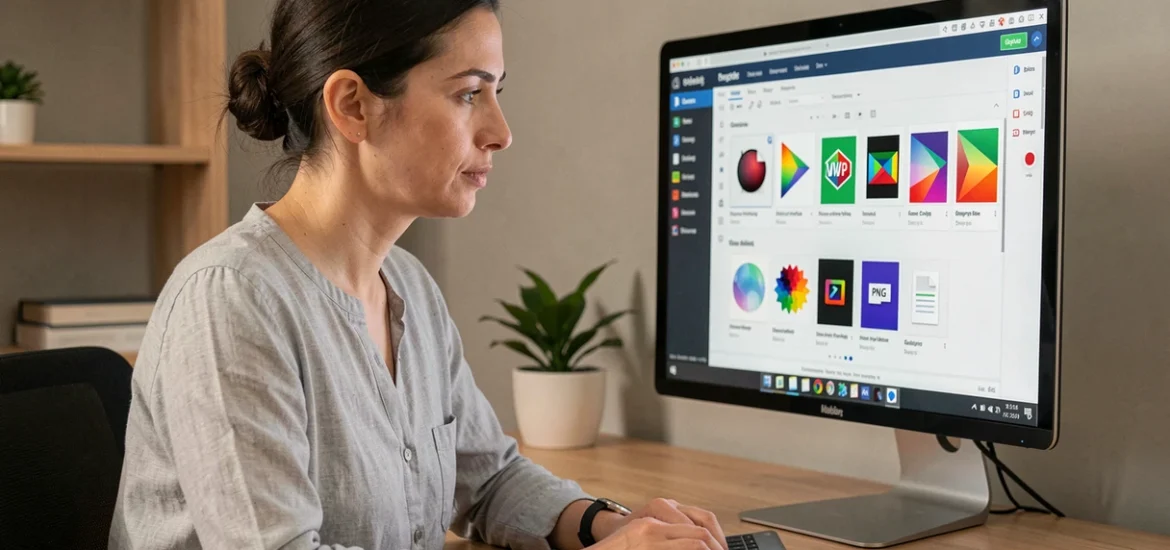 Femme travaillant sur la conversion de fichiers SVG en PNG sur un ordinateur de bureau dans un bureau moderne