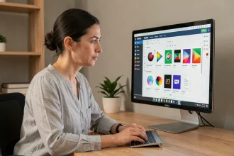 Femme travaillant sur la conversion de fichiers SVG en PNG sur un ordinateur de bureau dans un bureau moderne