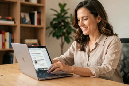 Femme lisant un e-mailing personnalisé sur son ordinateur portable dans un bureau à domicile moderne
