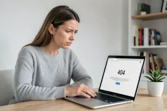 Femme devant un ordinateur portable affichant une erreur d'accès sur un site web, à son bureau à domicile