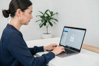 Femme tapant un mot de passe sur un logiciel de transfert de fichiers sécurisé comme SwissTransfer