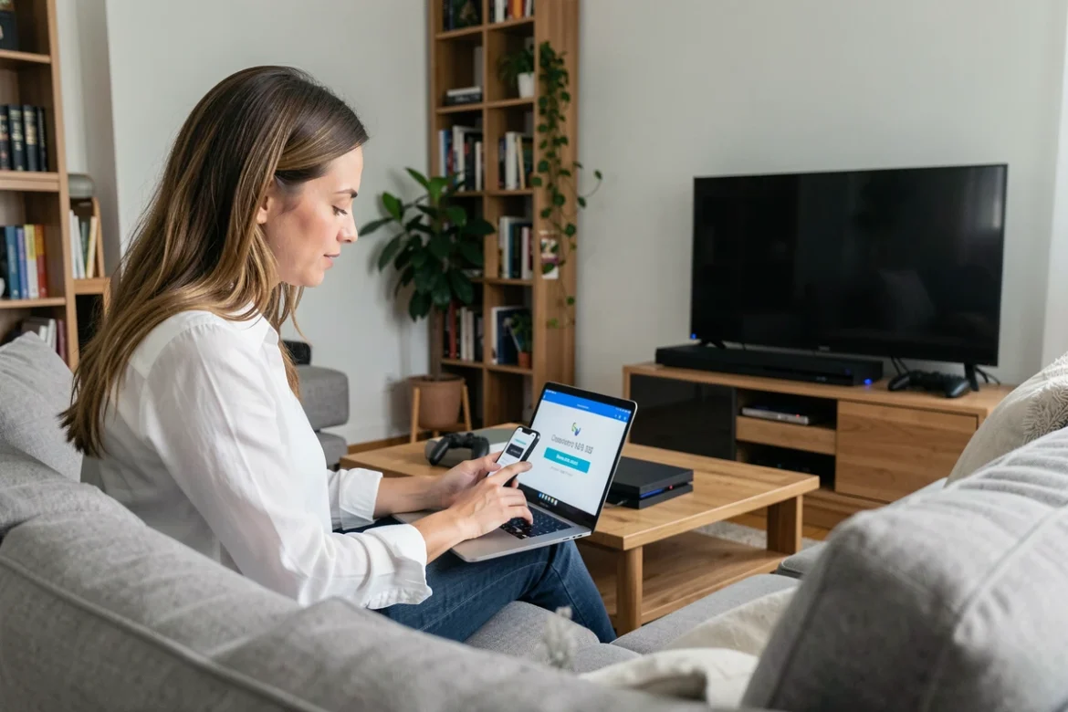 Femme recherchant le numéro du service client PlayStation sur son ordinateur portable depuis son salon