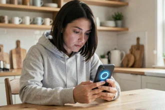 Femme consultant WhatsApp avec le cercle bleu IA sur son smartphone dans une cuisine moderne, expression pensive