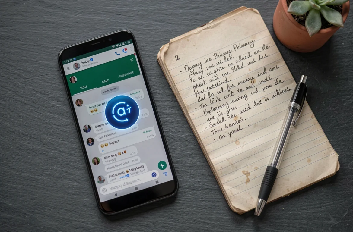 Vue de dessus d'un smartphone affichant WhatsApp avec le cercle bleu IA, accompagné d'un carnet de notes sur la confidentialité numérique