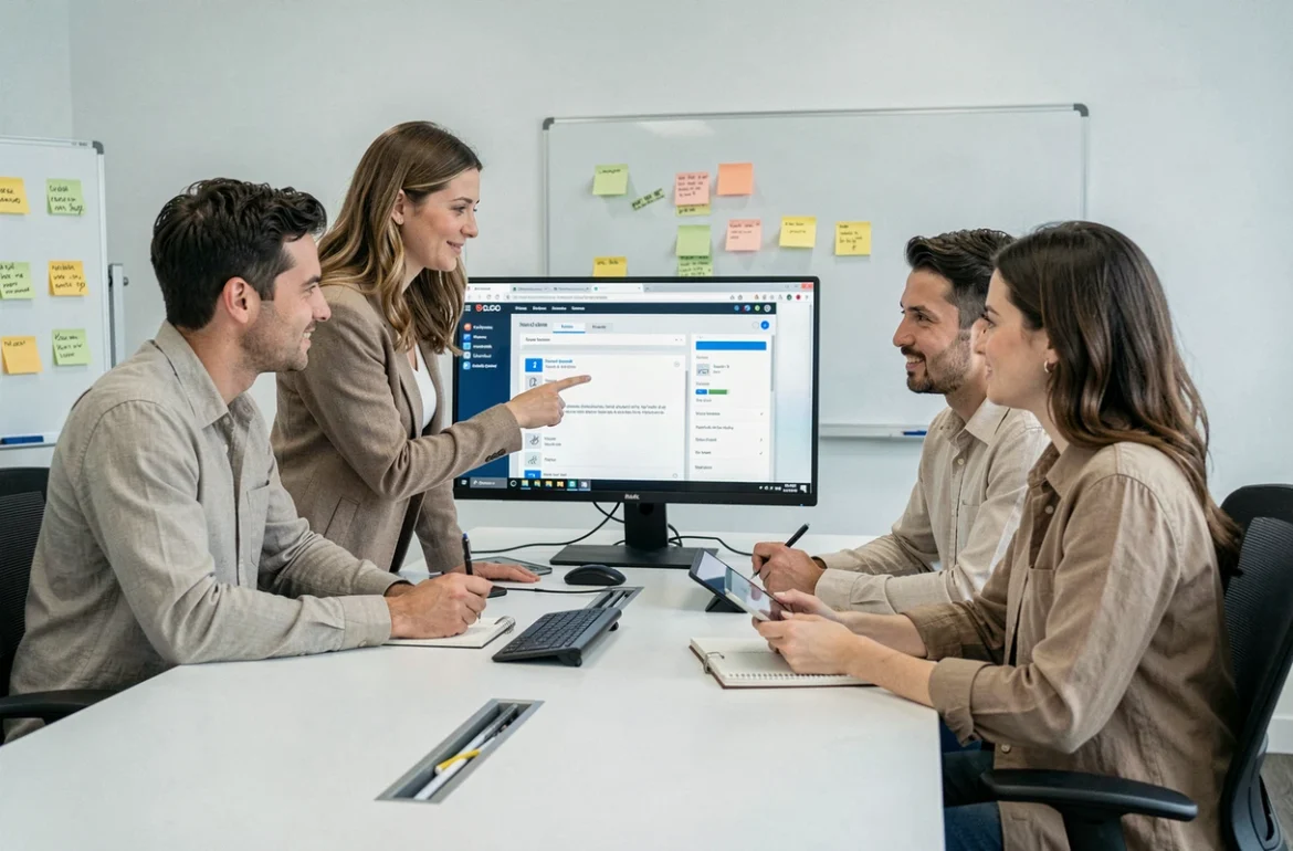 Groupe de collègues lors d'une formation sur la configuration recommandée du navigateur web pour accéder à Mélanie 2 en salle de réunion