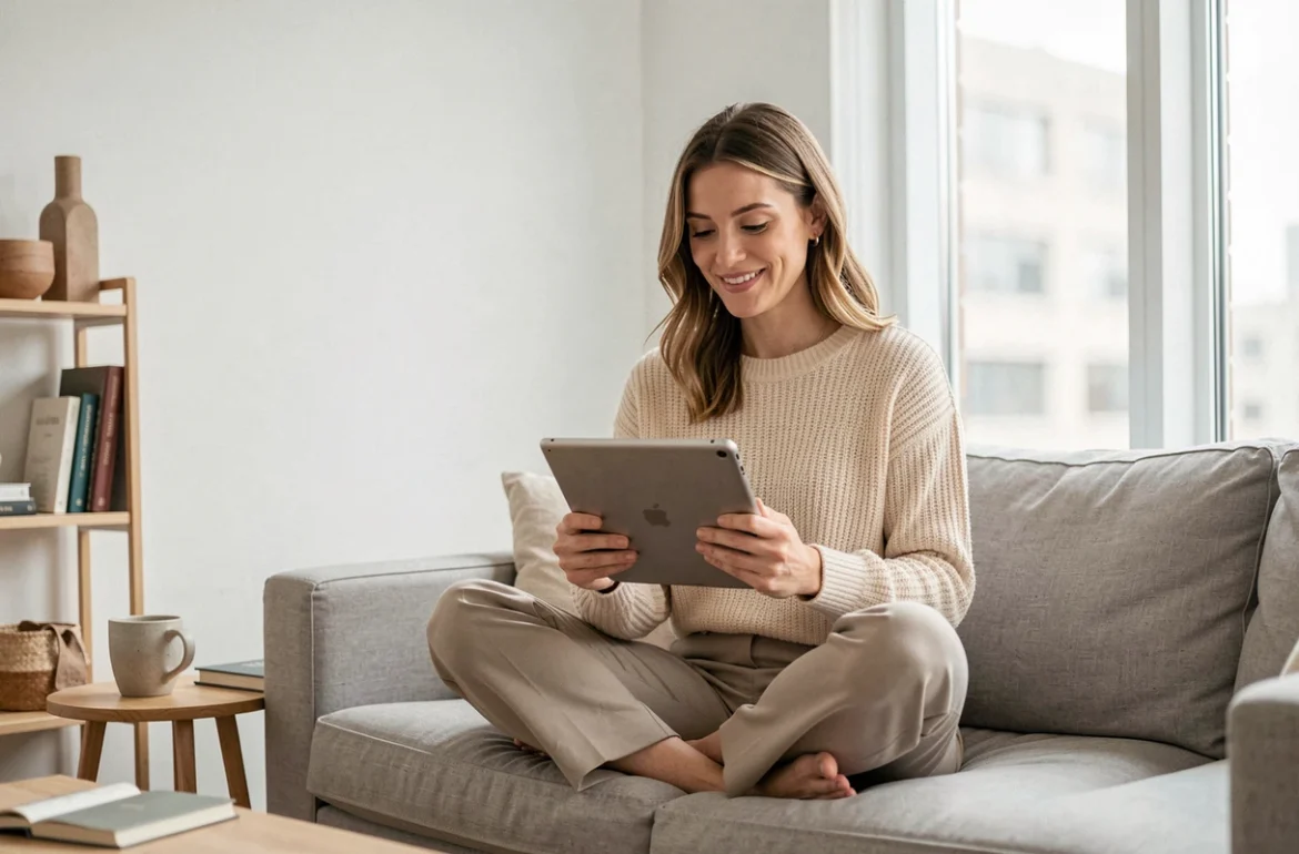 Freelance féminine consultant sa plateforme de gestion sur tablette depuis son appartement minimaliste