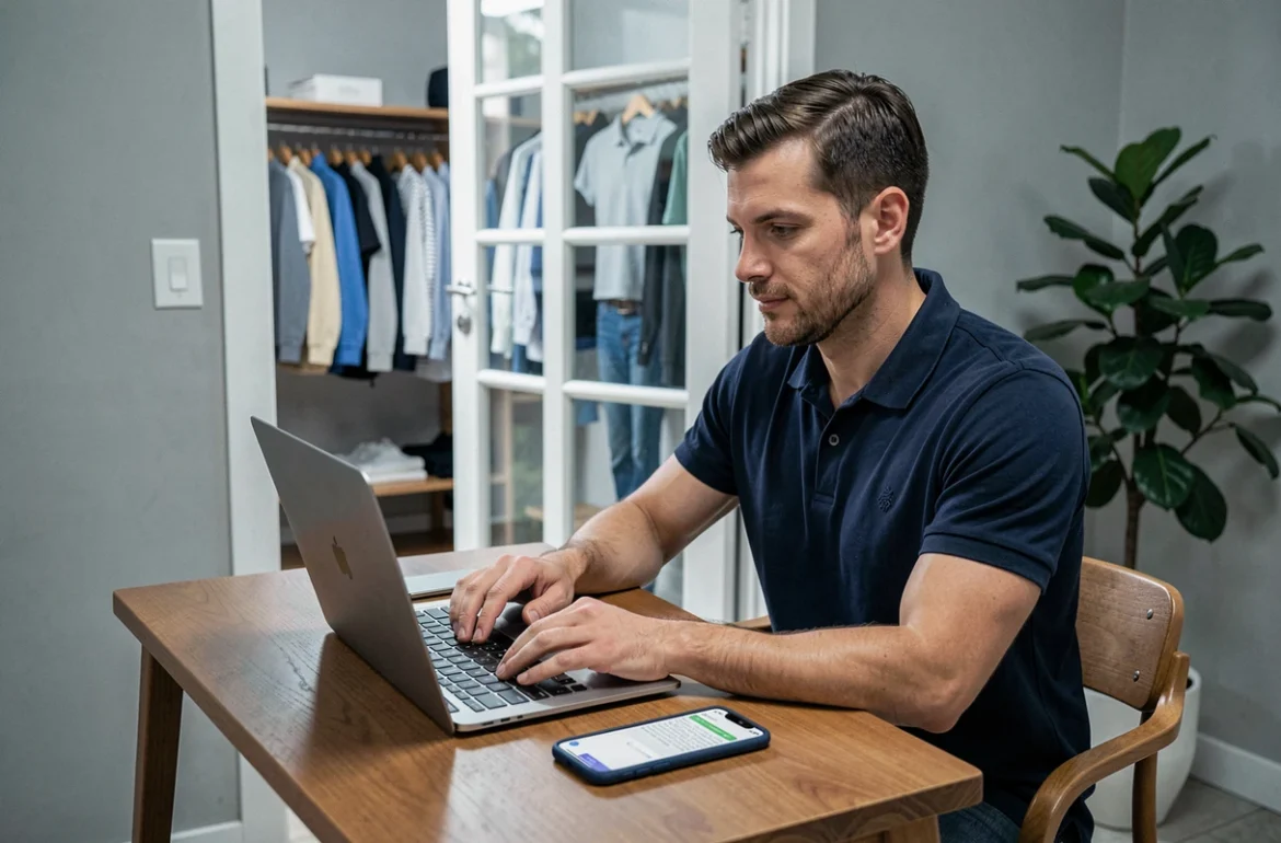 Gérant d'une boutique locale rédigeant un message SMS promotionnel sur son ordinateur portable