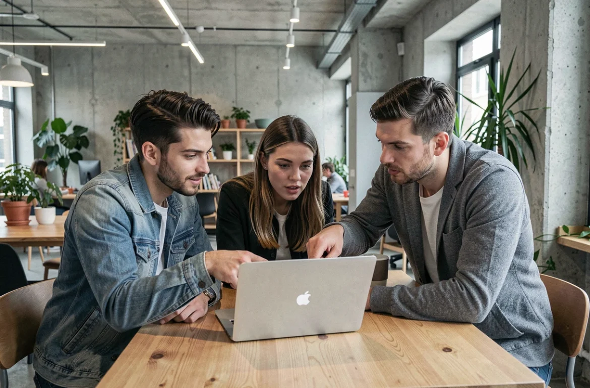 Groupe d'adultes explorant ensemble des communautés en ligne alternatives à Coco dans un espace de coworking moderne en France