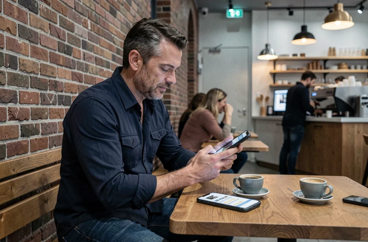 Homme lisant des avis produits en ligne sur smartphone dans un café urbain