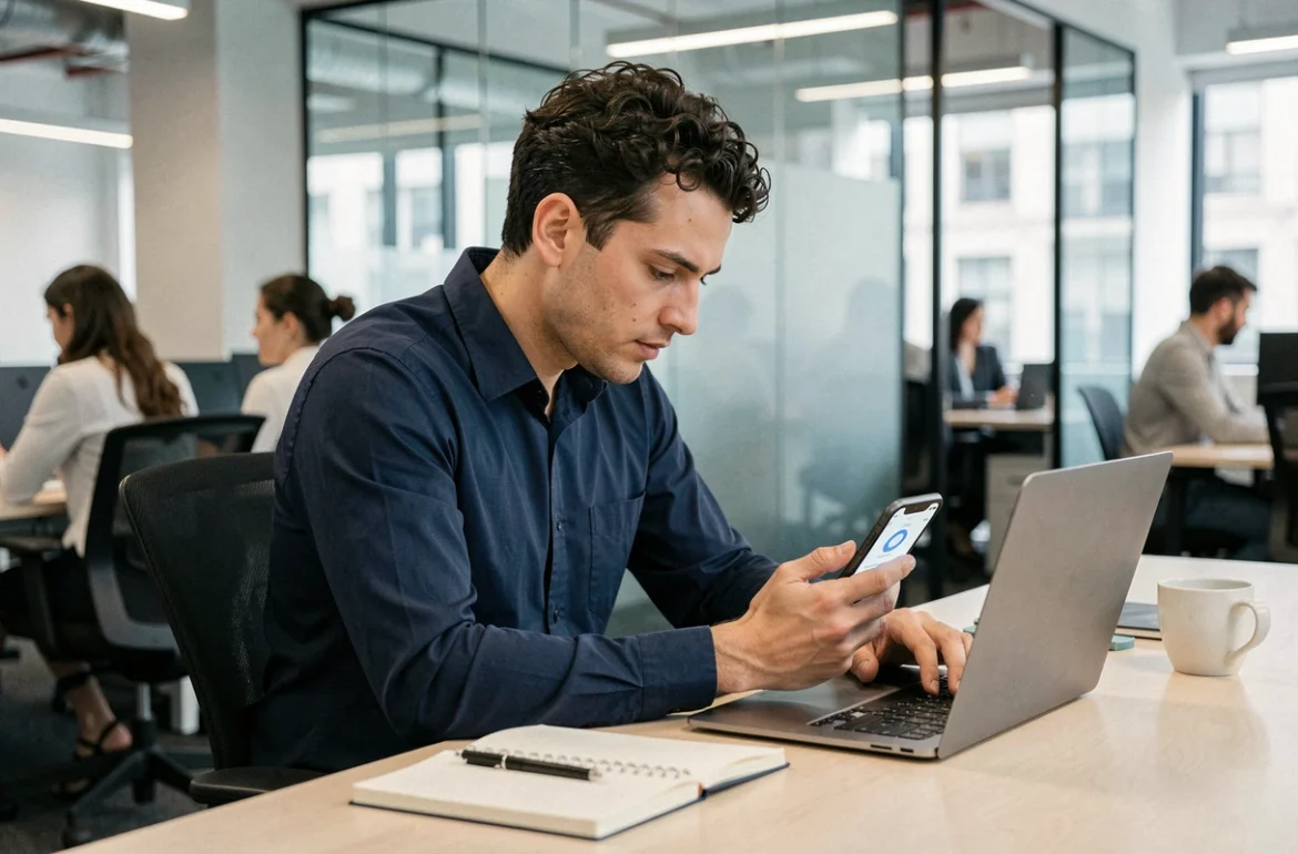 Homme en bureau moderne analysant l'interface IA de WhatsApp sur son téléphone avec cercle bleu, cadre professionnel
