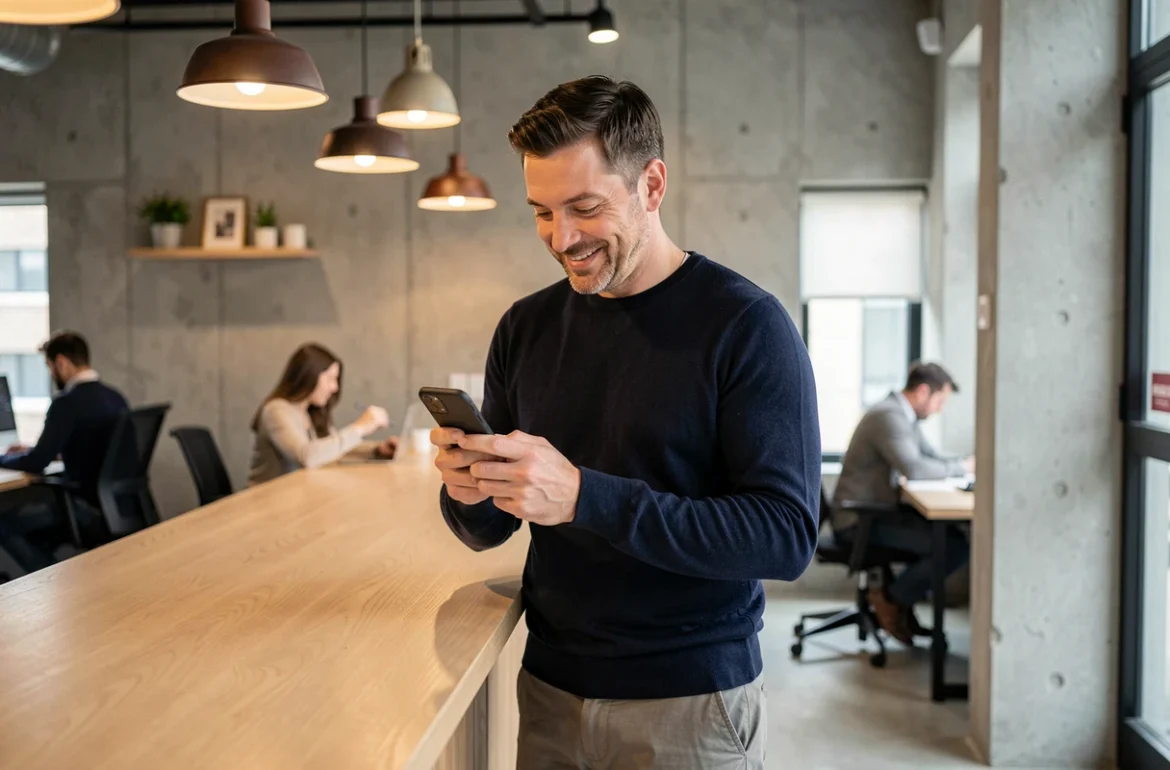 Homme consultant une campagne e-mail de fidélisation client sur smartphone dans un espace de coworking