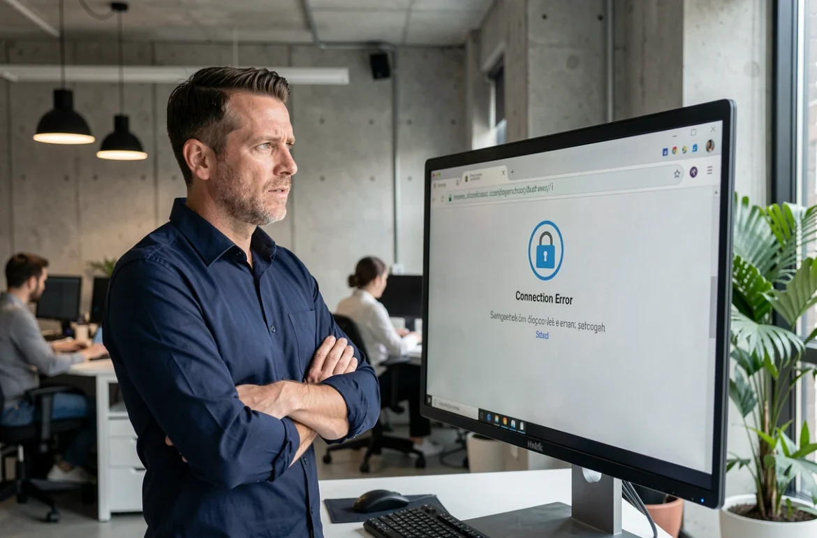 Homme en entreprise face à un écran d'ordinateur affichant un message d'erreur de connexion à un site web