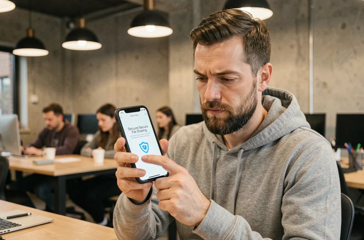 Homme analysant un lien de partage sécurisé sur smartphone dans un espace de coworking